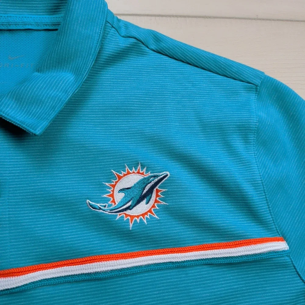 Nike Miami Dolphins NFL On Field Polo Shirt Men L Blue Orange Stripe Performance